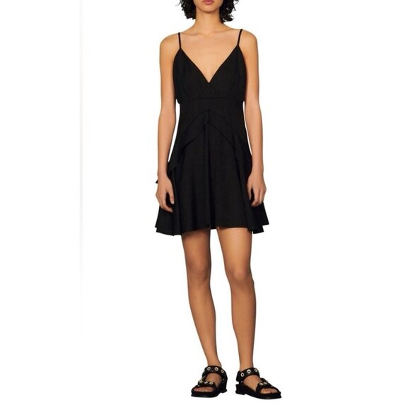 Sandro New Authentic Solid Black Gisele Tank Tiered Mini Dress 36 4 Small - Picture 1 of 8